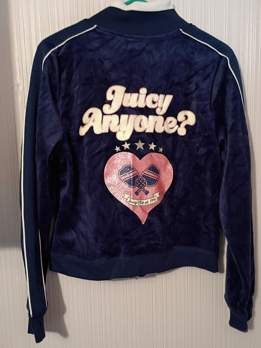 New! Juicy Couture Blue/White velour track jacket Size XL " Juicy Anyone?"